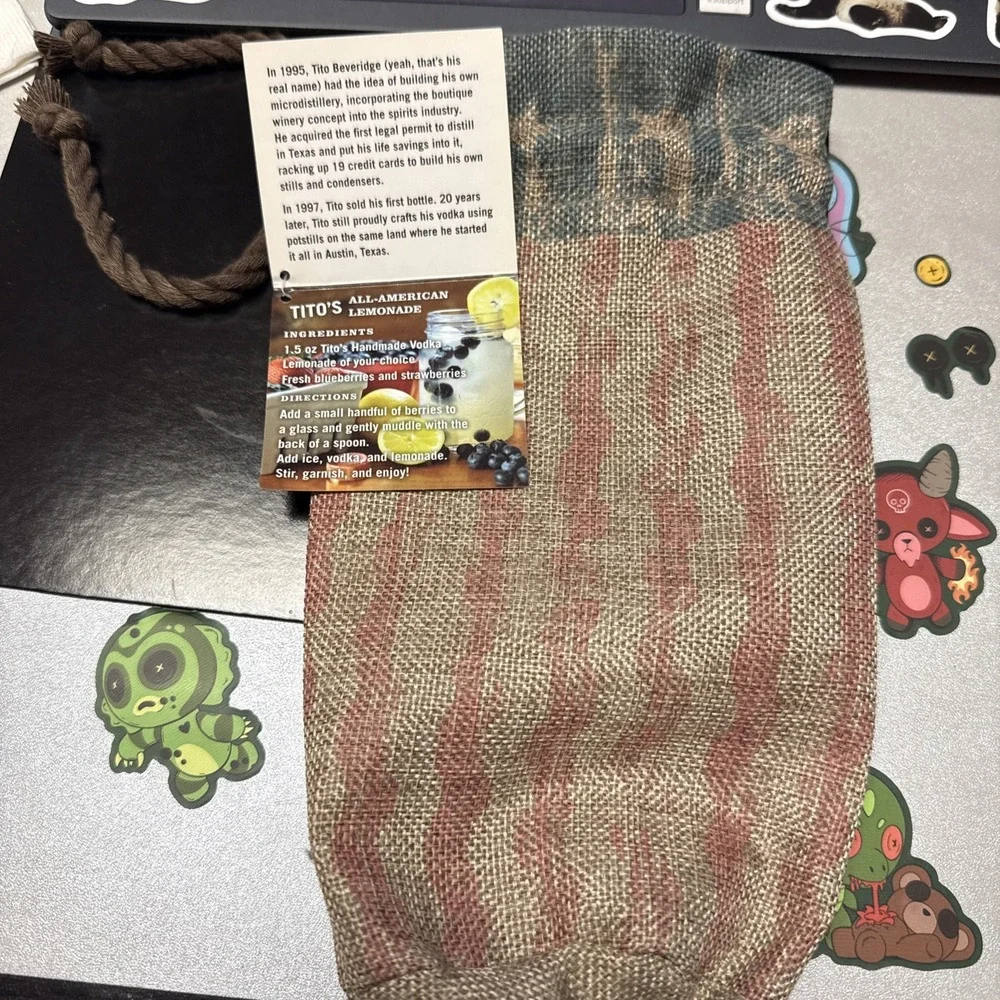 Tito's Handmade Vodka Burlap Gift Bag American Flag New Drawstring Tag